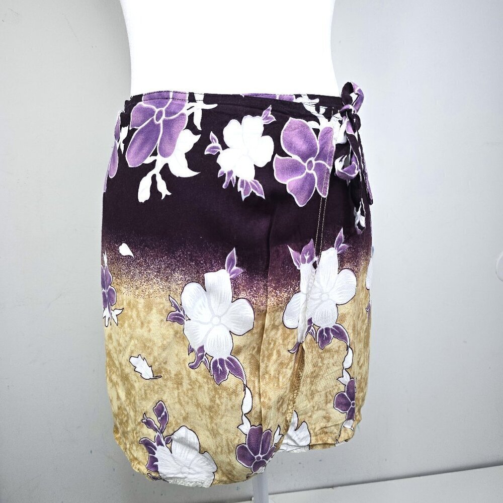 Hawaiian Women's Purple Yellow Floral Kauai Mini Wrap Skirt Swim Cover